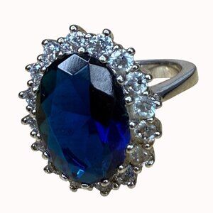 Silver Ring With Large Blue Gemstone & Clear Accent Stones Size 7